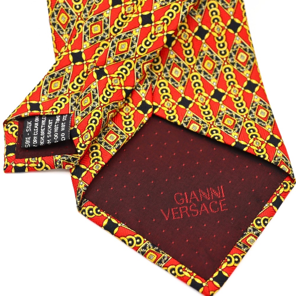 Gianni Versace Necktie Mens OS Red Excellent Silk Geometric Diamond Chain Link - Picture 4 of 5